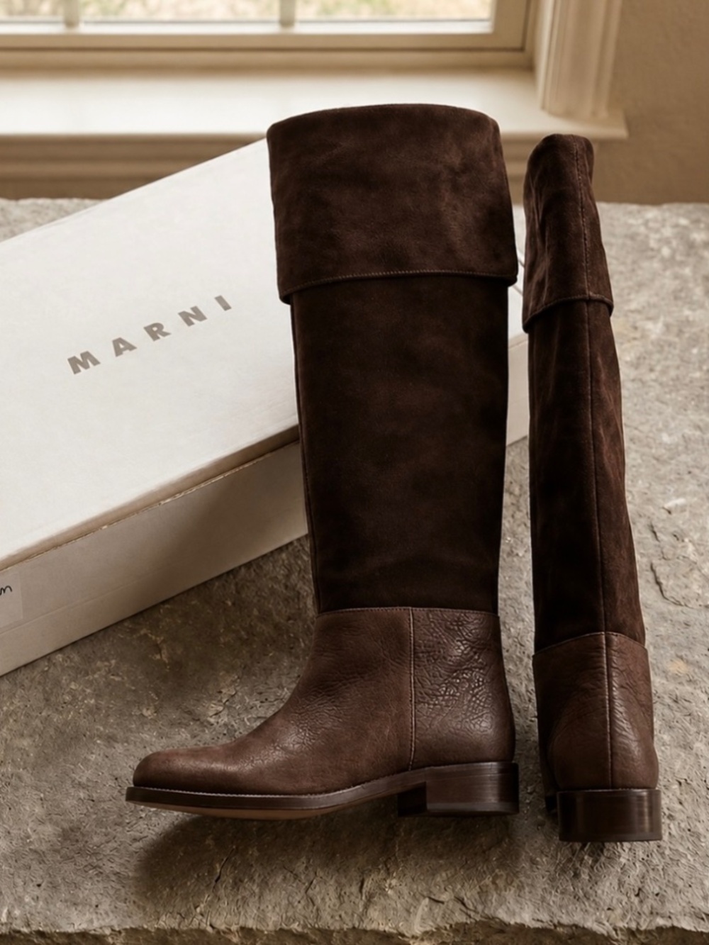 Marni Archival Y2K Chocolate Brown Suede Leather Fold Over Tall Boots 38